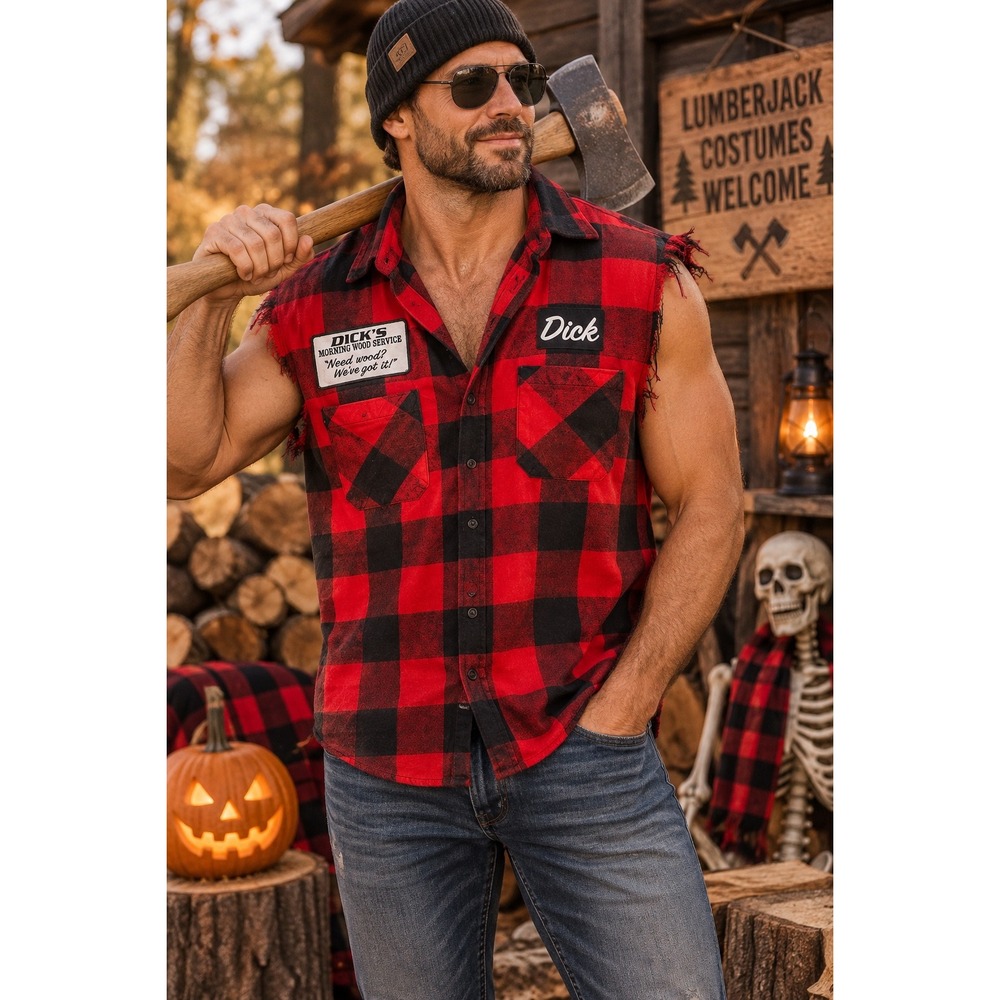 Spirit Halloween Dicks Morning Wood Service Red Buffalo Plaid Sleeveless Shirt M